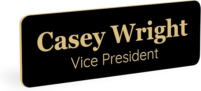 ExcelMark Custom Name Tag - Engraved Name Badge with Pin or Magnetic Backing, 16 Colors, 6 Fonts, and 2 Sizes to Choose from (Black w/Gold Letters, 1"x 3")