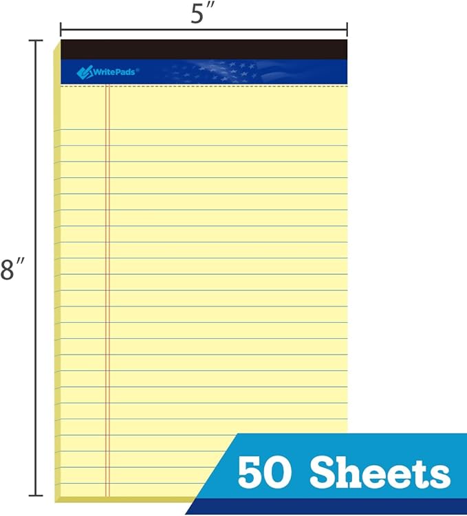 WritePads Legal note pads 5"x8" Legal Pads,College Ruled,Canary Paper,12 Pack,50 Sheets Per Writing Pad,Micro perforated Writing Pad,BL-SCY50C-12PAD