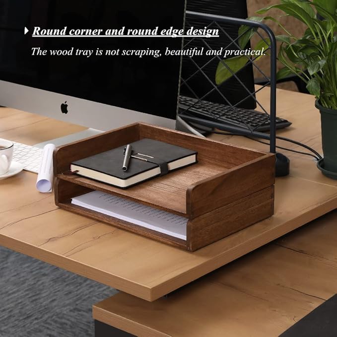 DDYURI Desktop File Trays Stackable Paper Tray for Letter/A4 Size Magazine - Wood Office Document Organizer Shelf - Wooden Folder Organization Rack Desk Tray Pack of 2 Dark(2CTP-DK)