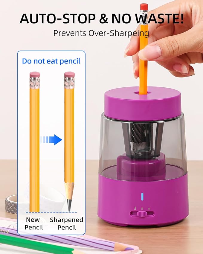ZMOL Electric Rechargeable Pencil Sharpener, Automatic Pencil Sharpeners Kids, Battery Pencil Sharpeners for Colored Pencils, Auto Stop, Suitable for No.2(6-8mm), School/Home Pink