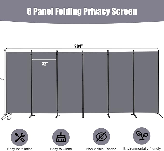 Room Divider 6FT Folding Privacy Screens, 6 Panel Partition Room Dividers w/Freestanding Design, Portable Wall Divider for Room Separtation, Fabric Screen Panel Separator for Home Office School