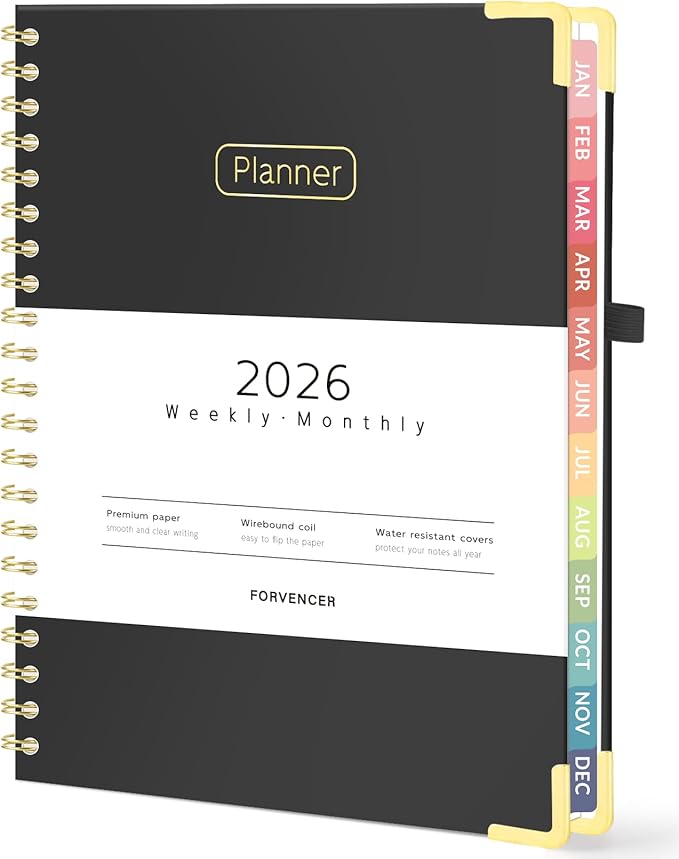 Forvencer 2026 Planner, Hardcover Calendar Planner Weekly and Monthly, Jan 2026 - Dec 2026, 8.5" x 11", Spiral Agenda Book with Tabs, Exquisite Daily Journal Organizer for Home School, Black
