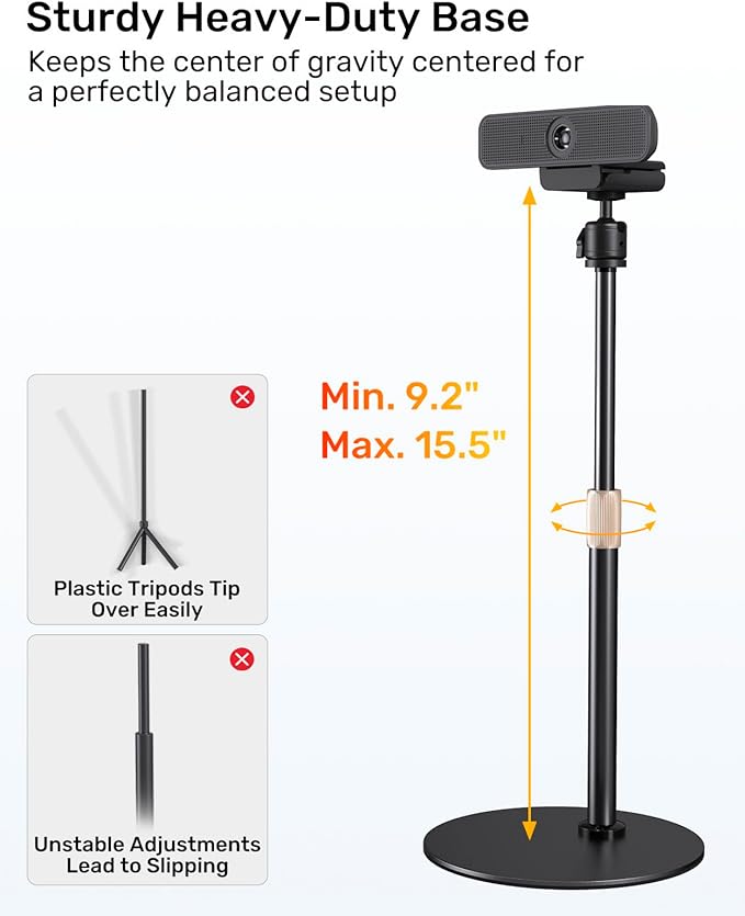 Upgraded Webcam Stand for Desk, Telescopic Webcam Tripod Mount with Ball Head, Compatible with Logitech Camera C922 C930e C920S C920 C615 C960 C920x BRIO 4K NexiGo N60, Phone Holder with 1/4" Thread