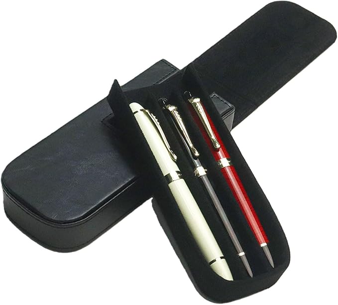 MIVLXLX Leather Triple Pen Case Pencil Pouch Holder for Three Fountain Ballpoint Rollerball Pens and Pencils Gift Choice for Man/Woman/Office (Black)
