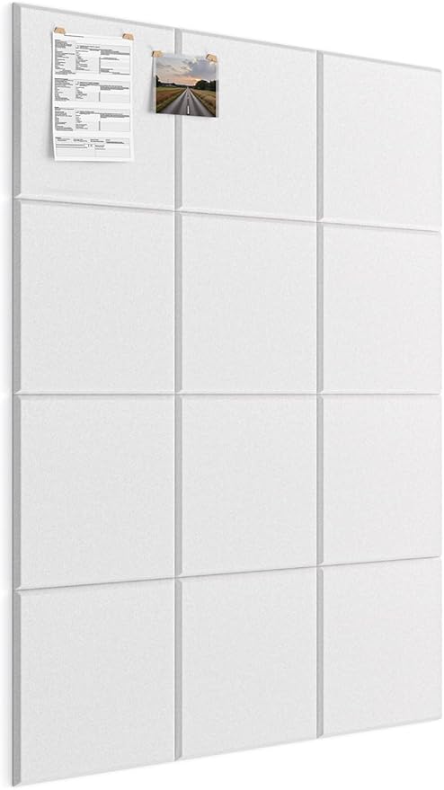 Large Bulletin Board 48" x 36", 12 Pack White Cork Boards for Walls, Self-Adhesive Felt Pushpins Wall Tiles, Display for Messages, DIY Notice, Photo Decorations, Classroom, School, Office, Bedroom