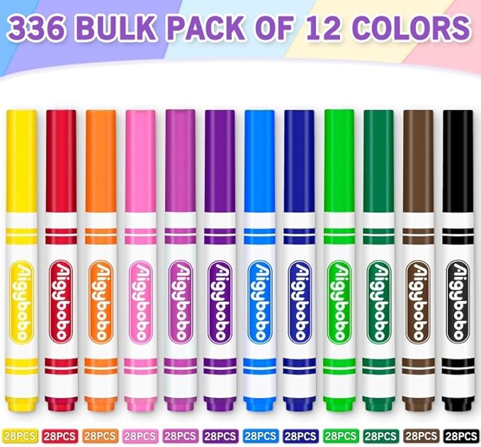 Aigybobo 336 Count Washable Markers Bulk, 12 Assorted Colors, Broad Line Conical Tip Coloring Marker for Kids, Markers Bulk Pack for Classroom, School Art Supplies & Back to School Supplies