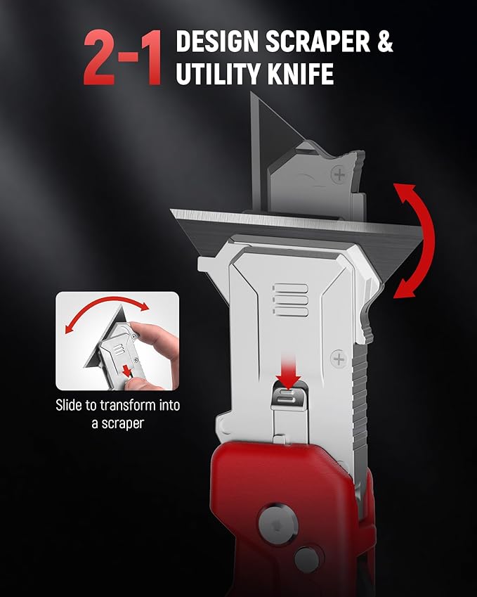 KAIWEETS Utility Knife Scraper, 2-in-1 Folding Box Cutter with Blade Storage, Heavy Duty Zinc Alloy Body, Retractable Design, 12pcs SK2 Black Blades replacement, EDC Tool for Home, Office, DIY– Red