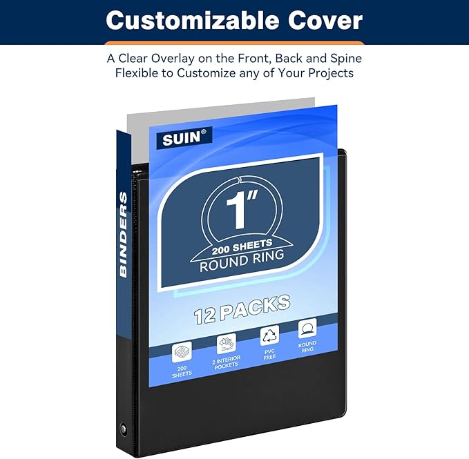 Basic 1-inch 3 Ring Binder -1'' Binders with 3 Roung Ring, Large 100/200 Sheet Capacity, Fit 8.5" x 11" US Letter Size Paper (1'' -Black 12 Packs)