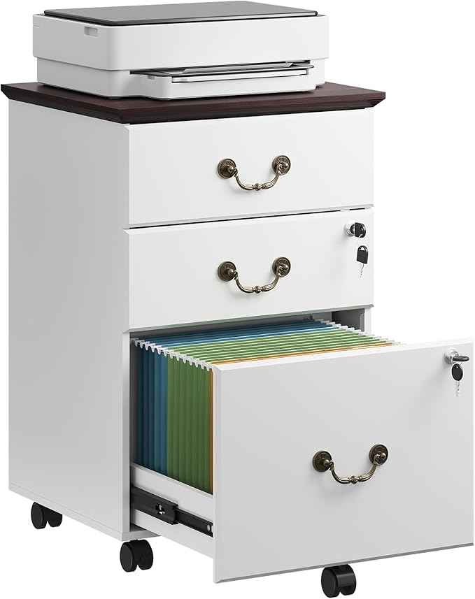 DEVAISE File Cabinet 3-Drawer, Small Office Furniture with Lock, Rolling Under Desk Filing Cabinet for Home Office, White