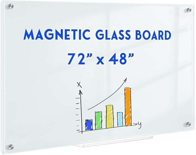 Magnetic Glass Whiteboard, 6' x 4' Glass Dry Erase Board for Wall, 72" x 48" Large Frameless White Board with 1 Marker Tray and 10 Magnets for Office, Home, Classroom - Normal White