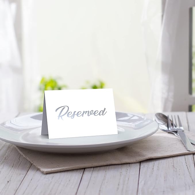 10 Pack Silver Reserved Table Signs for Wedding 3x4 Cardstock Reserved Seating Signs Double Sided Table Tent Reservation Card for Restaurant Receptions Celebrations Party - White with Silver Letters