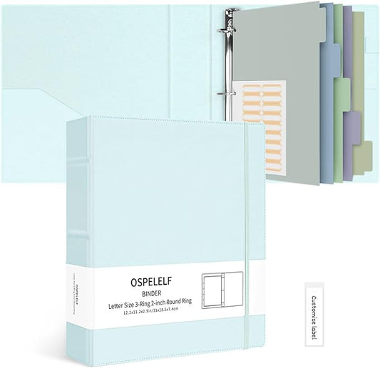 Ospelelf Vintage Hardcover 3 Ring 2 inch Leather Binder, Professional Binders Organizer Suitable for Letter Size Documents, Binder Dividers with Tabs, Blue