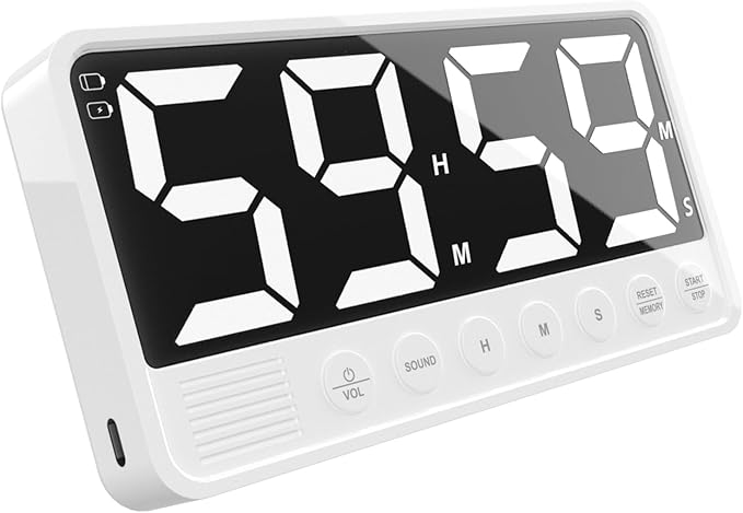 PULIVIA Extra-Large Display Digital Kitchen Timer with 7.4” LED Screen, 6 Alarms & 4 Volume Levels, 3 Memory Presets, Magnetic Stand Rechargeable Count Down/Up Timer for Cooking Home Gym, White