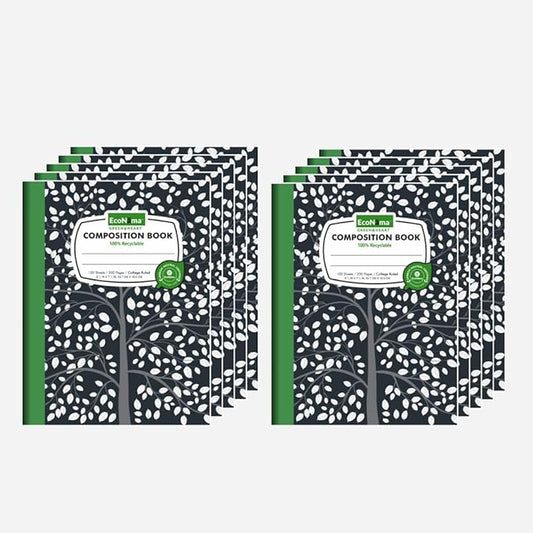 EcoNama Composition Notebooks Pack of 10 College Ruled 200 Pages (100 Sheets) 9.75"x7.5" Black Marble Carbon Neutral Recyclable Paper Eco-Friendly School & Office Supplies For Students and Professionals