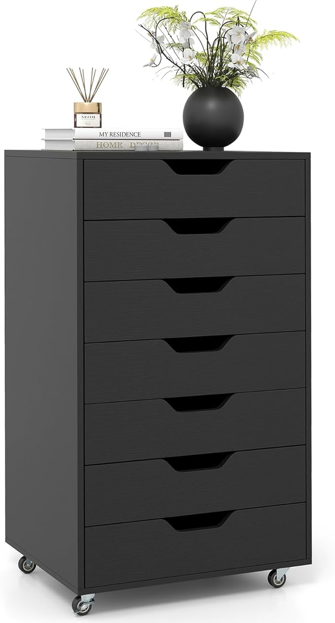 Giantex 7-Drawer Storage Cabinet, Mobile File Organizer with 4 Universal Casters, Wooden Vertical Filing Cabinet on Lockable Wheels for Office, Study, Living Room (19.5” x 16” x 34.5”,Black)