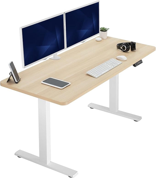 VIVO Electric 60 x 24 in Standing Desk, Memory Height Adjustment, 1B Series, Holds 220 lbs, One-Piece Light Wood Top, White Frame, DESK-KIT-1W6C