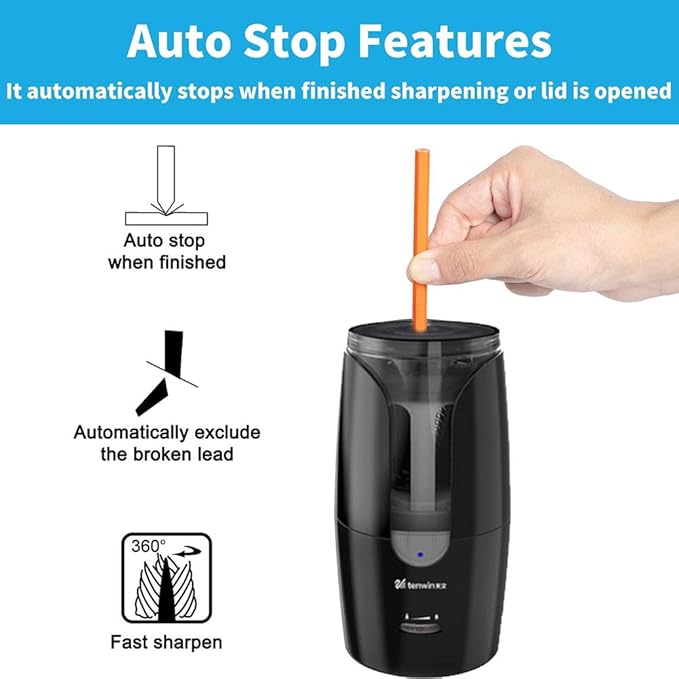 tenwin Chargeable Electric Pencil Sharpener, Heavy Duty Adjustable Art Sharpeners, Powered Auto-Stop Pencil Sharpener for Teacher Use, School, Home, Classroom Product Supplies 8028 (Black)