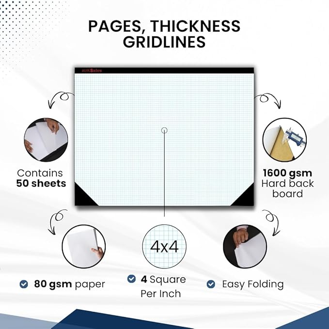 Graph Paper Pad 22"x17", 50 Sheets, 1/4 Inch Grid, 80 GSM, Engineering Drafting Paper for Designers, Blueprint Sketching, Grid-Based Graphing for Architecture, School, Office