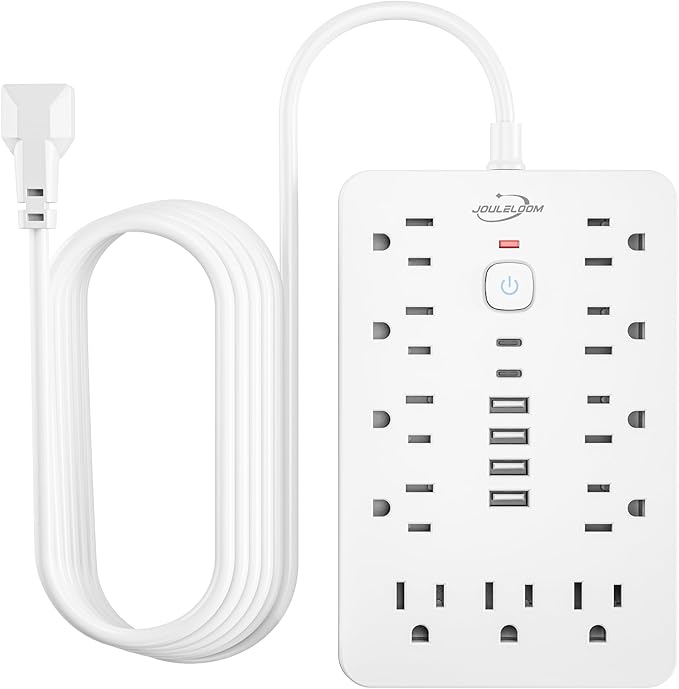 JouleLoom 10 FT Flat Plug Surge Protector Power Strip,11 Multiple AC Outlets with 6 USB Ports (2 USB C), 6 Feet Extension Cord, 1250W/10A, One Touch Switch Button, White
