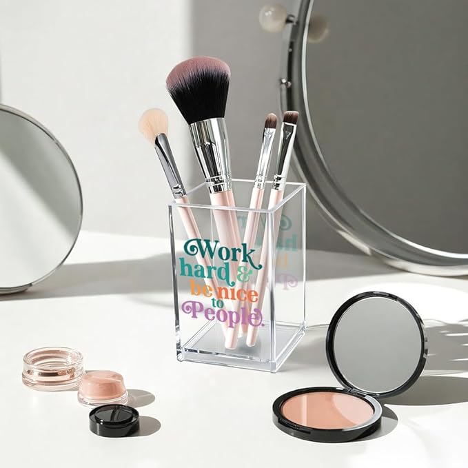 Vgrti Work Hard Be Nice to People Acrylic Cosmetic Pencil Pen Holder Cup, Inspirational Quote Pen Holder Cup, Motivational Office Gifts for Women Men, Mental Health Gifts for Women Colleague Teacher