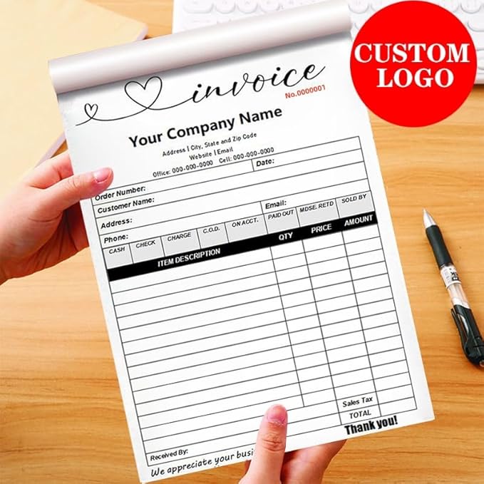 Personalized Invoice Book Custom 2 Part/3 Part Receipt Book Quote Estimate Order Forms Carbonless Form with Your Company Name Logo Address,2-10 Books (Style 18)