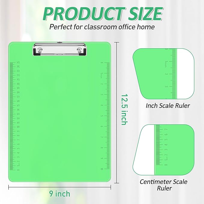 Plastic Clipboards, PANDRI 10 Pack Clear Colored Clipboards, Low Profile Clip Board 12.5 x 9 Inch Standard Letter Size, Office Supplies Classroom