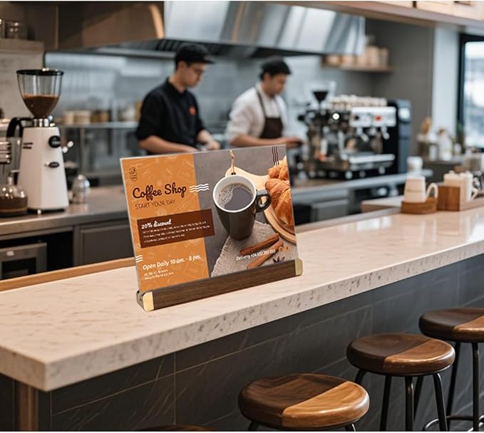 8.5 x 11 Menu Holder, Acrylic Table Menu Stand, Classic Wooden Sign Holder, Double Sided Display Table Top Paper Holder, for Bar, Cafe, Restaurant, Store, Certificate, Document (Horizontal, 6pack)