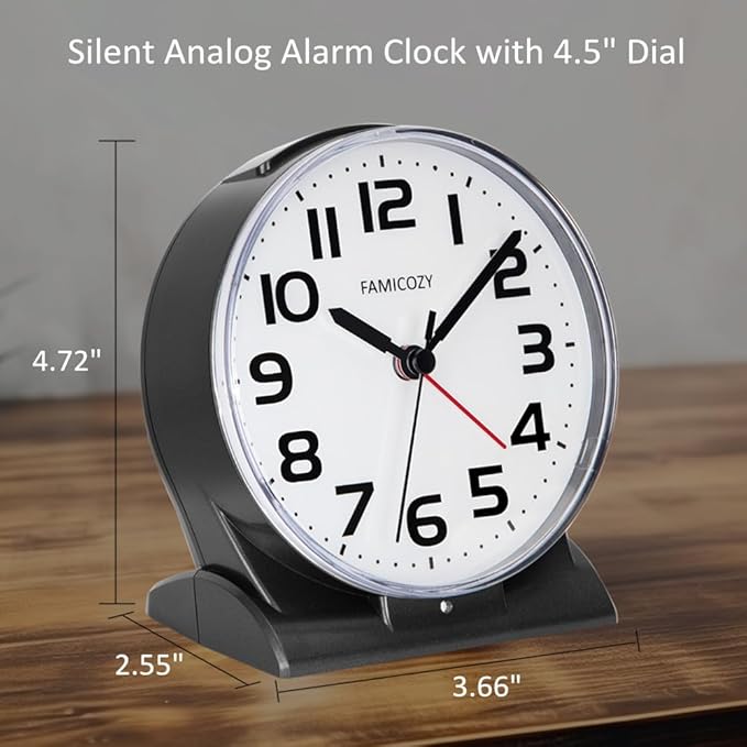 FAMICOZY Automatically Backlighted Alarm Clock,Silent No Ticking for Seniors Vision Impaired,Easy to Set,Big Numbers,Ascending Alarm,Gentle Wake,Snooze,2 AA Battery Operated,Black