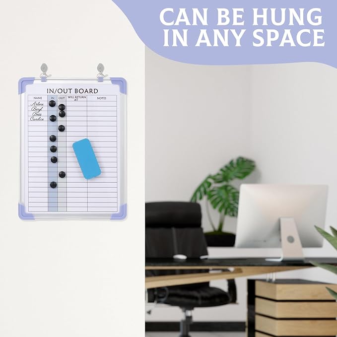 2 PCS in and Out Magnetic Dry Erase Boards 16" x 12", Aluminum Framed Lined Whiteboard with Eraser and 20 Magnets, Wall Mounted Employee Students in Out Board for Office & School Management