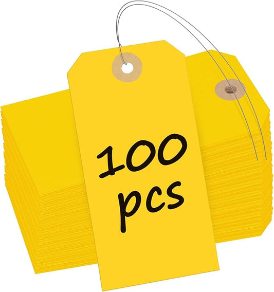 Uniclife 100 Pcs Yellow Blank Shipping Tags with Wire Attached 4.7 Inch Paper Tags Hang Tag with Reinforced Eyelet Large Marking Label Writable Price Inventory Label Tag, 4.7" x 2 3/8"
