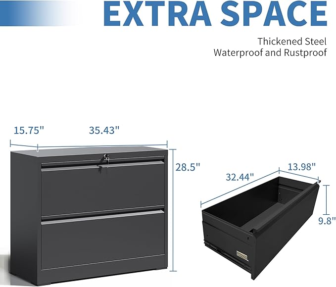 FLIXELIO File Cabinets 2 Drawer,Metal Office Storage Filing Cabinet with Lock,Black Lateral Filing Cabinet for Home Office,Horizontal 2-Drawer File Cabinets for Legal/Letter/A4,Assembly Require,Black