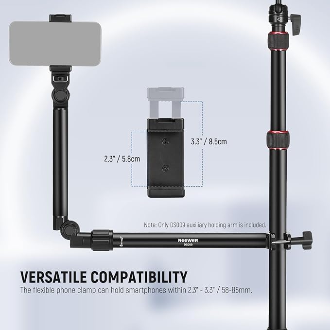 NEEWER Overhead Camera Mount Arm with Phone Clip, 22"/56cm 180°&360° 2 Section Flexible Holding Arm for Desk Stand, Fits 0.87"-1.1" Tube, 5.5lb/2.5kg Max Load for Camera LED Ring Light Mic, DS009