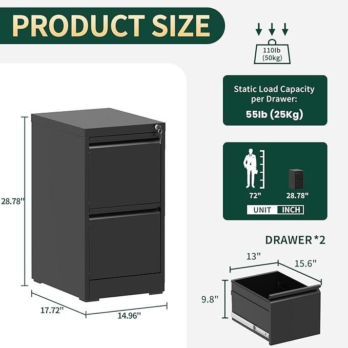 Yukimo 2 Drawer File Cabinet with Lock, Vertical File Cabinet with Lock, Locking File Cabinet Hanging Files for A4/ Legal/Letter, Require Assembly, White
