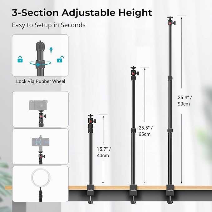 SMALLRIG Camera Desk Mount C Stand, 15"-35" Adjustable Desk Tripod Light Stand, Tabletop C Clamp for Webcam, DSLR Camera, Ring Light, Live Streaming, Photo Video Shooting