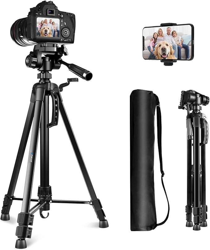 PULUZ Camera Tripod, 55"/139cm Lightweight Portable Travel Outdoor DSLR Tripods for Camera Phone Video Recording Tripod Stand, Cellphone Clip for Smartphone Live Streaming Vlog