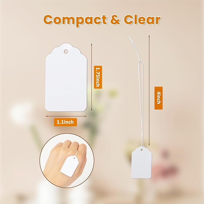 500 PCS White Price Tags with String Attached1.75 x 1.1 Inches, Goefun Blank Labeling Tags for Gift Bags, Hanging, Clothing, Jewelry, Garage/Yard Sale, Inventory, 250 GSM
