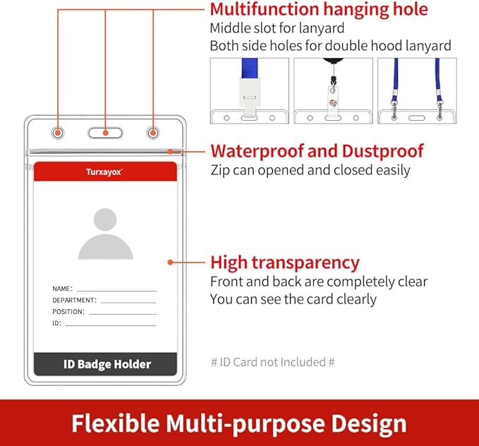 Turxayox 50 Pcs Clear ID Badge Holder, Vertical Plastic Name Tag Protector, Key Card Badge Holders with Waterproof Resealable Zipper for Nurses, Office, School and Lanyards Use