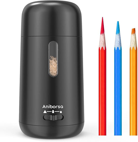 Aniborsa Automatic Electric Pencil Sharpener - Auto Feed, Auto Stop & Auto Eject, Rechargeable for Classroom, Home, School, Office, Black