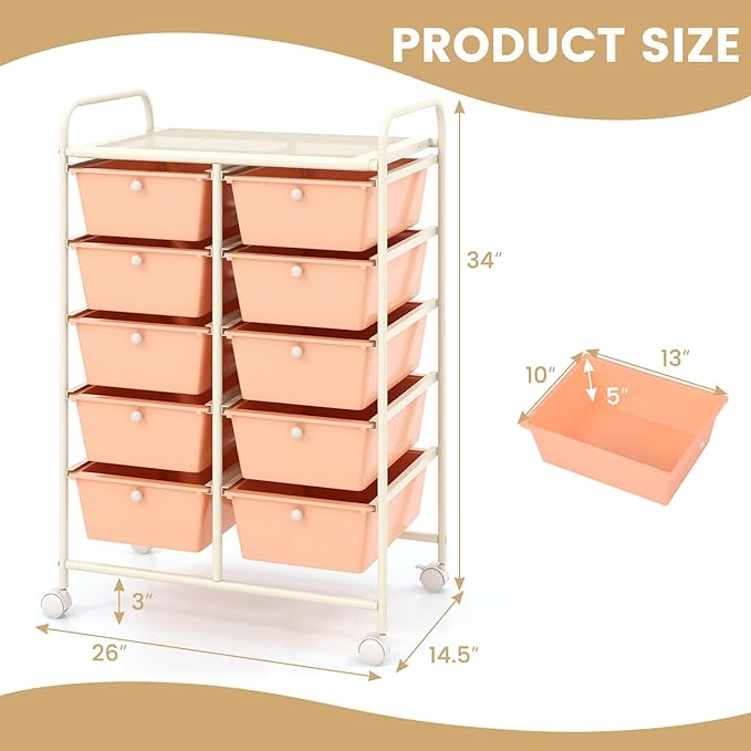 LDAILY 10 Drawer Rolling Cart, Storage Cart Organizer on Wheels, Drawer Cart with Metal Frame & Large Storage Capacity, Rolling Cart with Drawers for Living Room Classroom, Office