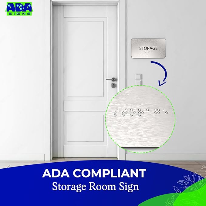 ADASigns Storage Room Sign 7”x4” - Durable Brushed Aluminum with Grade 2 Braille - Easy Installation with Strong Adhesive Tape - ADA Compliant Storage Signs for Business, Restaurants & Offices