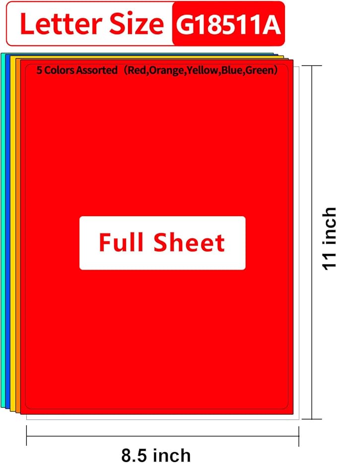 Gemsroyal Colored Full Sheet Shipping Labels Printable,8.5"×11" Full Page,5 Colors Assorted(Red,Orange,Yellow,Blue,Green),Color Neon Label Sticker Paper for Printer,Coloful Large Stickers Labels ﻿