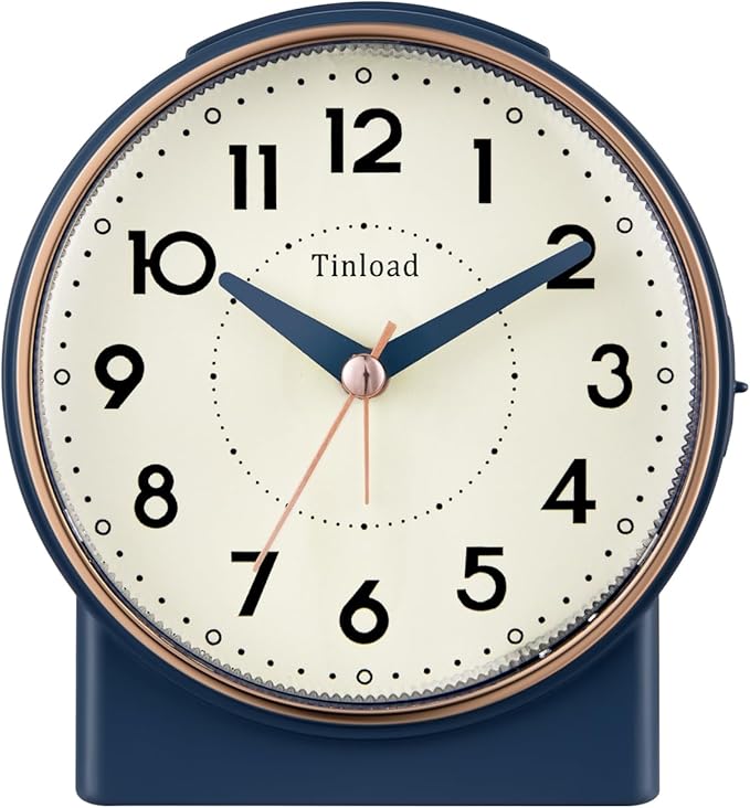 Tinload 4.3" Retro Analog Alarm Clock, Vintage Decor, No Ticking Silent, Easy to Set, Gradual Rise Alarm, On/Off Switch on Side, Gentle Wake, Snooze, Lighted on Demand, Battery Operated, Retro Blue