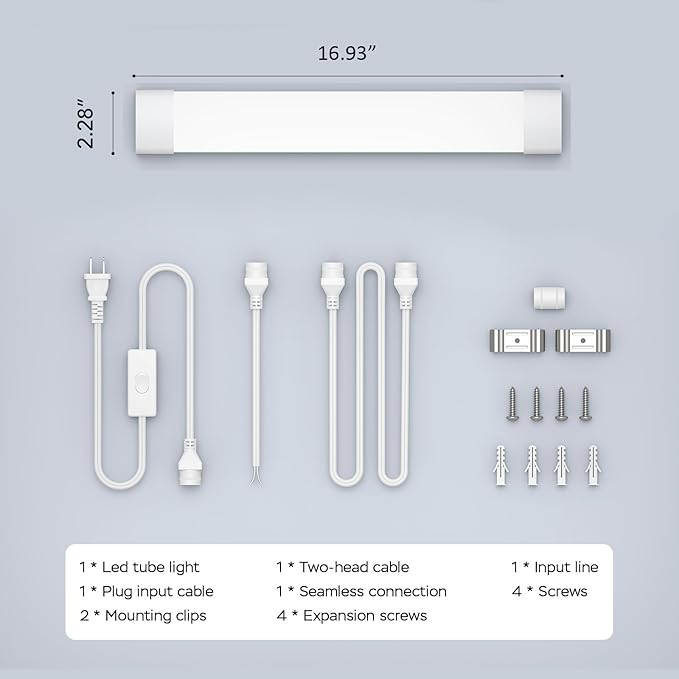 Modlicht Under Cabinet Lighting 1.4FT 5000K Linkable Closet Plug in Lights, 16W 1800LM LED Light Bar for Room Office Garage Shop Bathroom Workbench, IP66 Waterproof