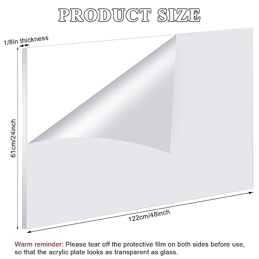 Roowest 2 Pcs 24 x 48 Inch, 1/8 Inch Thick Clear Acrylic Plexiglass Sheets Transparent Plastic Panels Sheets Cut to Size Cast Acrylic Board Panel with Protective Film for Craft DIY Project Sign Frame