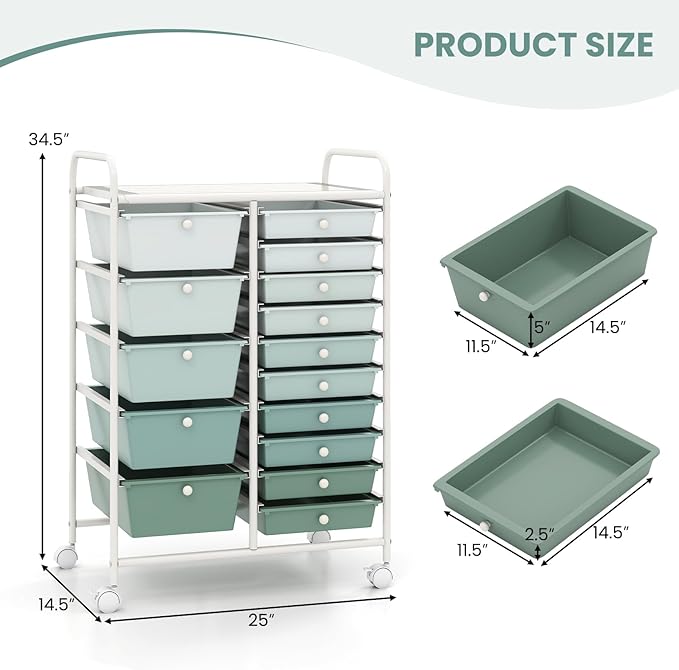 DORTALA 15-Drawer Rolling Storage Cart with Drawers, Rolling Utility Cart w/Removable Drawers & Universal Wheels, Tools Scrapbook Paper Organizer for School, Office, Home, Classroom (Gradient Green)