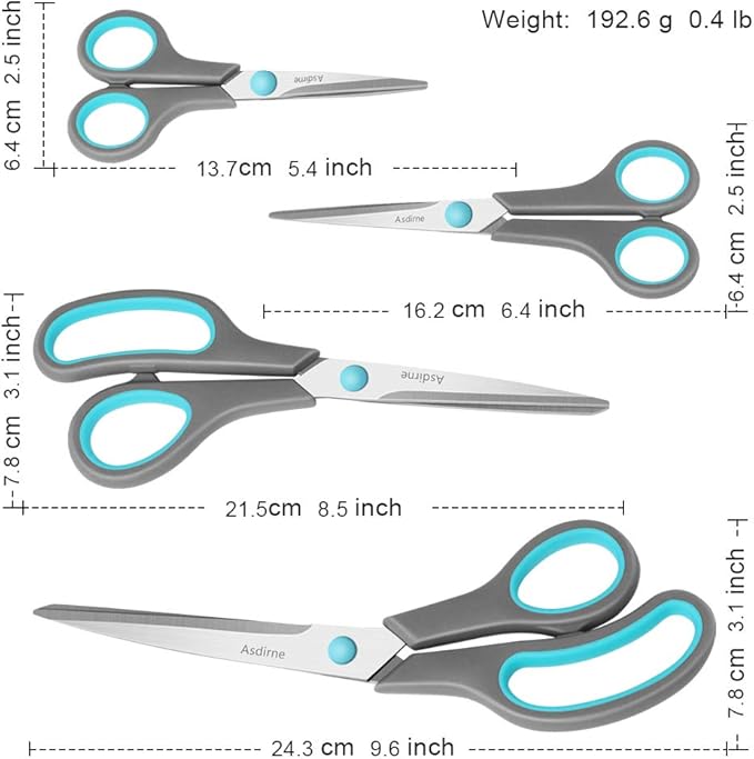Asdirne Scissors Set of 4, Premium Stainless Steel Razor Blades, Ergonomic Semi-Soft Rubber Grip, Suitable for School, Office and Family Daily Use, 9.6''/8.5''/6.4"/5.4", Blue&Gray