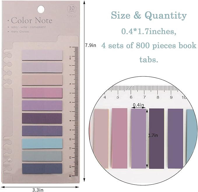 Potanro 800 Pcs Sticky Index Tabs, 4 Sheets Strip Index Tabs, Writable Page Sticky Notes with Ruler for Page Marking Classify File