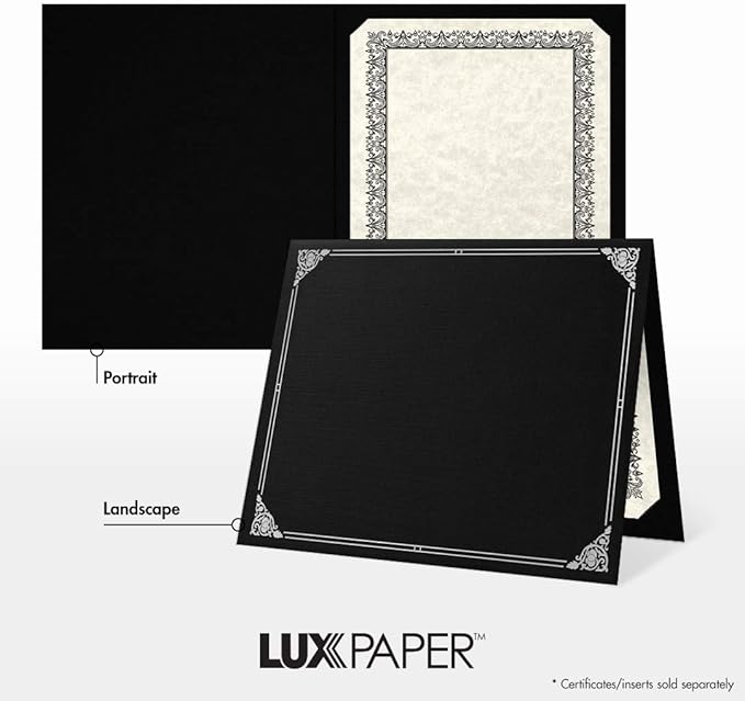 LUXPaper 9.5" x 12" Certificate Holders | Black Linen | Embossed Silver Foil Floral Border | 100lb. Cover | 25 Qty