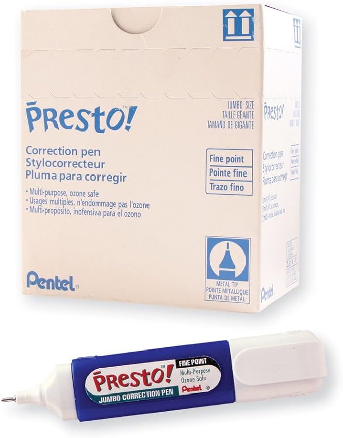 Pentel Presto! Jumbo Correction Pen, Fine Point, Metal Tip, Box of 12 (ZL31-W)