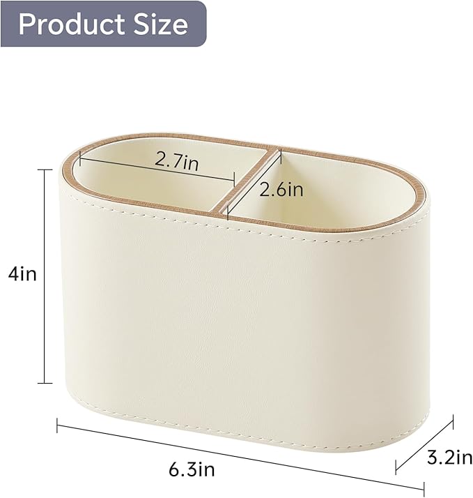 MEIBOOCH PU Leather Pen Holder for Desk, Small Remote Control Holder Pencil Cup Multifunctional Desktop Organizer Caddy for Home School Office Desk Accessories - 2 Compartments (Beige)